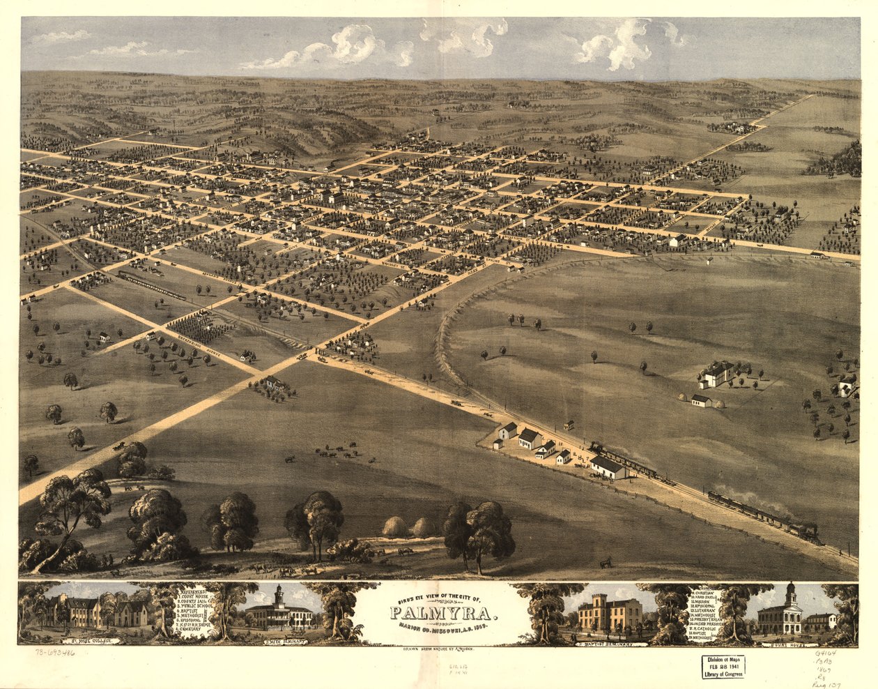 Widok z lotu ptaka na miasto Palmyra, Marion Co., Missouri, A.D. 1869. LOC 73693486 autorstwa A. Ruger