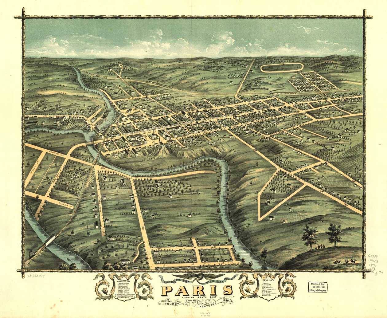 Widok miasta Paris z lotu ptaka, hrabstwo Bourbon, Kentucky, 1870 r. LOC 73693417 autorstwa A. Ruger