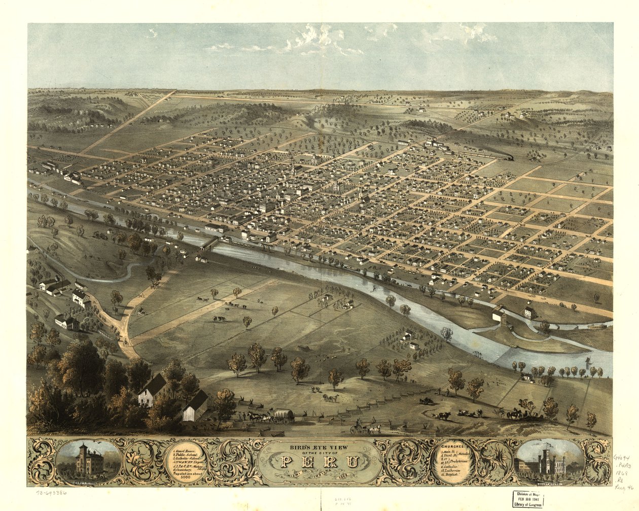 Widok miasta Peru z lotu ptaka, stan Miami, Indiana, 1868 r. LOC 73693386 autorstwa A. Ruger