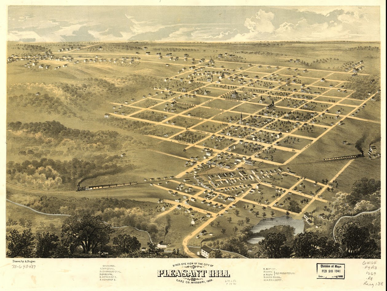 Widok z lotu ptaka na miasto Pleasant Hill, Cass Co., Missouri 1869. LOC 73693487 autorstwa A. Ruger