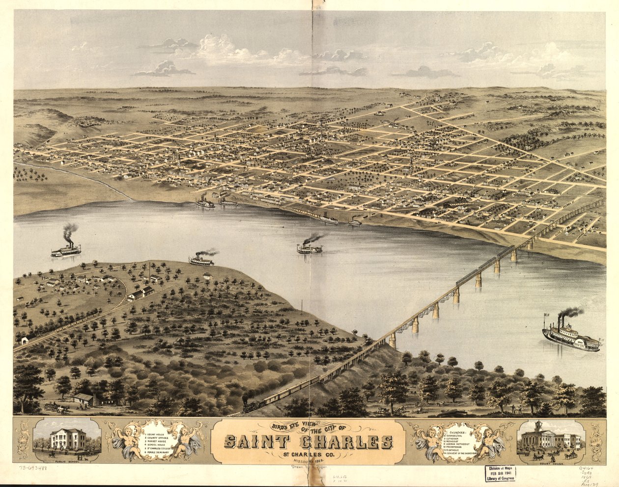 Widok z lotu ptaka na miasto Saint Charles, St. Charles Co., Missouri, 1869 r. LOC 73693488 autorstwa A. Ruger