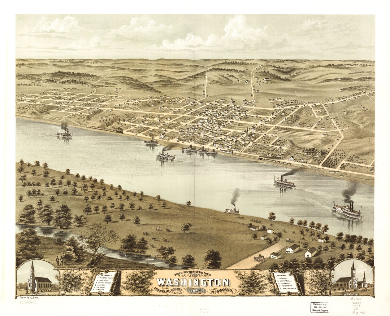Widok miasta Washington z lotu ptaka, hrabstwo Franklin, Missouri, 1869 r. LOC 73693493 autorstwa A. Ruger