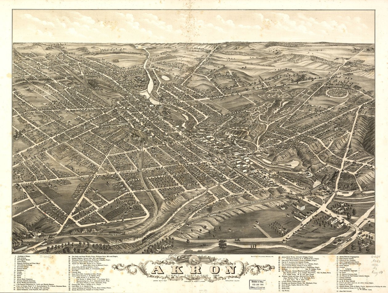 Panoramiczny widok na miasto Akron, Hrabstwo Summit, Ohio 1882 autorstwa A. Ruger Ruger