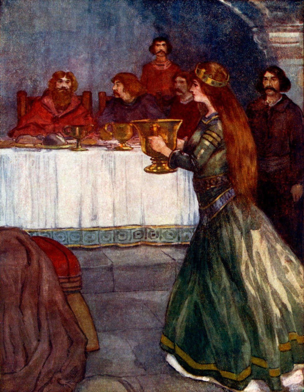 Rowena weszła do pokoju niosąc piękny złoty puchar, ok. 430 rne, 1905 r. autorstwa A. S. Forrest