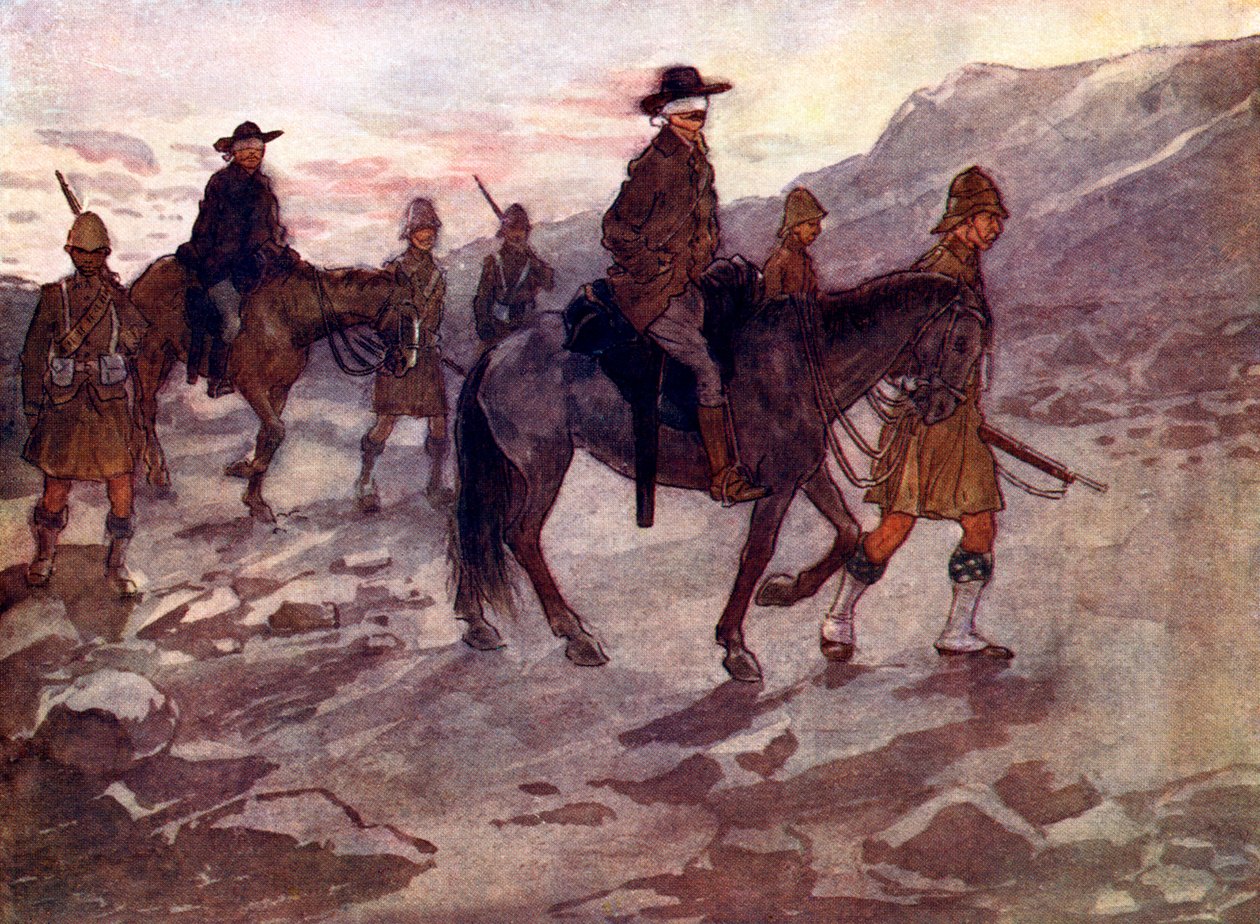 Przywódcy burscy byli z zawiązanymi oczami i strzeżeni przez żołnierzy Czarnej Straży, 1902, 1905. autorstwa A. S. Forrest