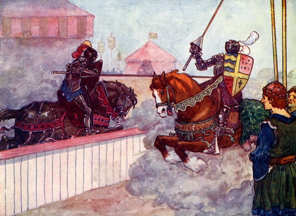 Hrabia raz za razem jeździł na Edwarda, aż jego kopia została złamana w jego dłoni, ok. 1270, 1905. autorstwa A. S. Forrest
