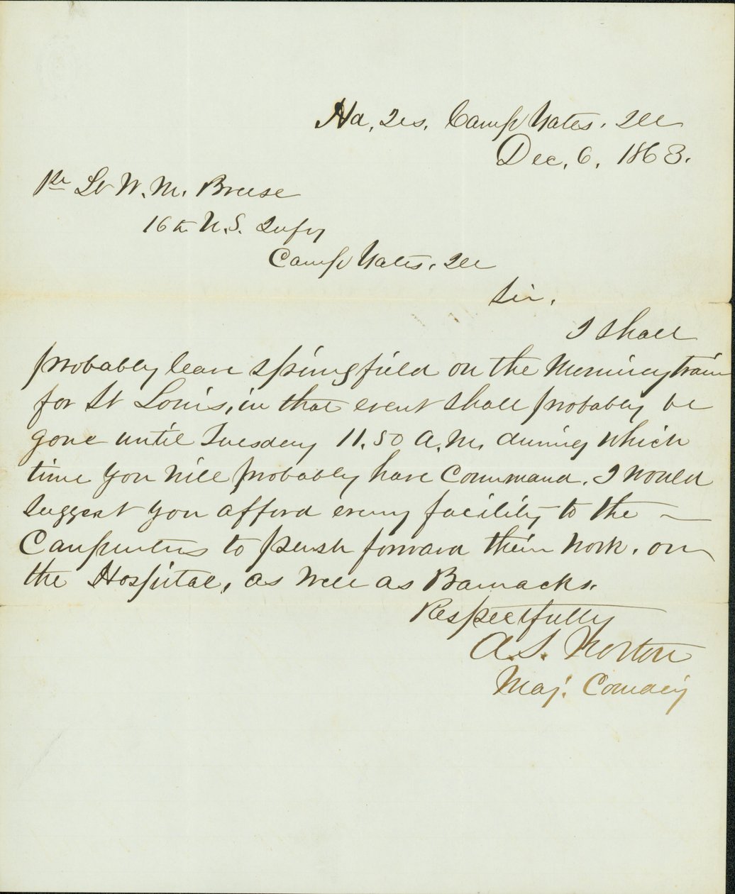 List podpisany A.S. Norton, główny dowódca, kwatera główna, obóz Yates, il., do porucznika W.M. Breese, 16. Pułk Piechoty USA, Camp Gates, Ill., 6 grudnia 1863 r. autorstwa A. S. Norton