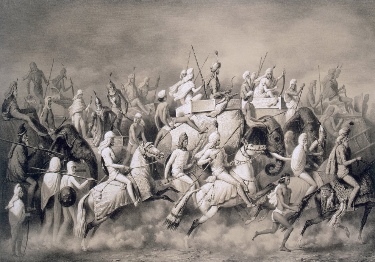 Chir Singh, Maharajah Sikhów i Król Pendżabu z jego orszakiem polującym w pobliżu Lahore, 1859 autorstwa A. Soltykoff