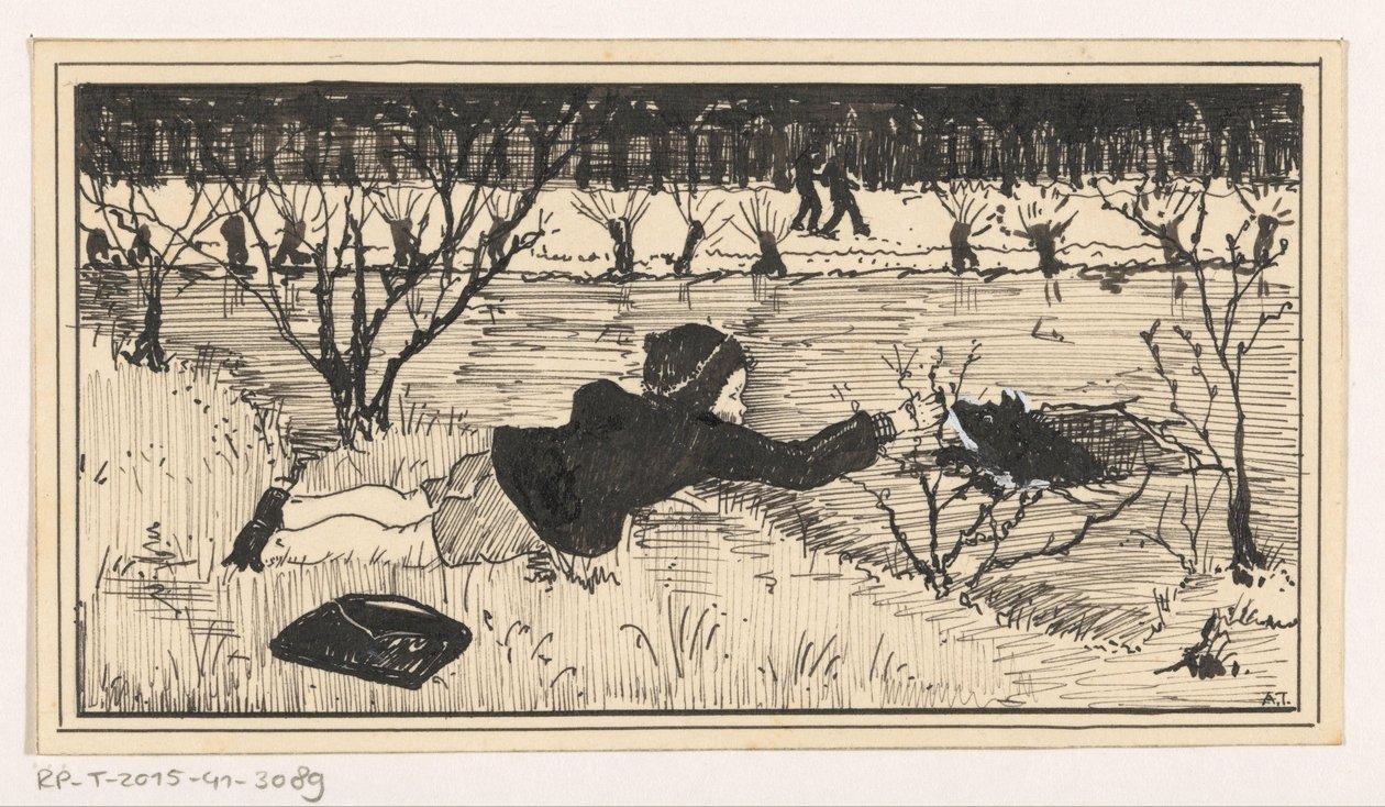 Dziewczyna próbuje uratować psa przed przebudzeniem autorstwa A. Tinbergen (signed by artist)