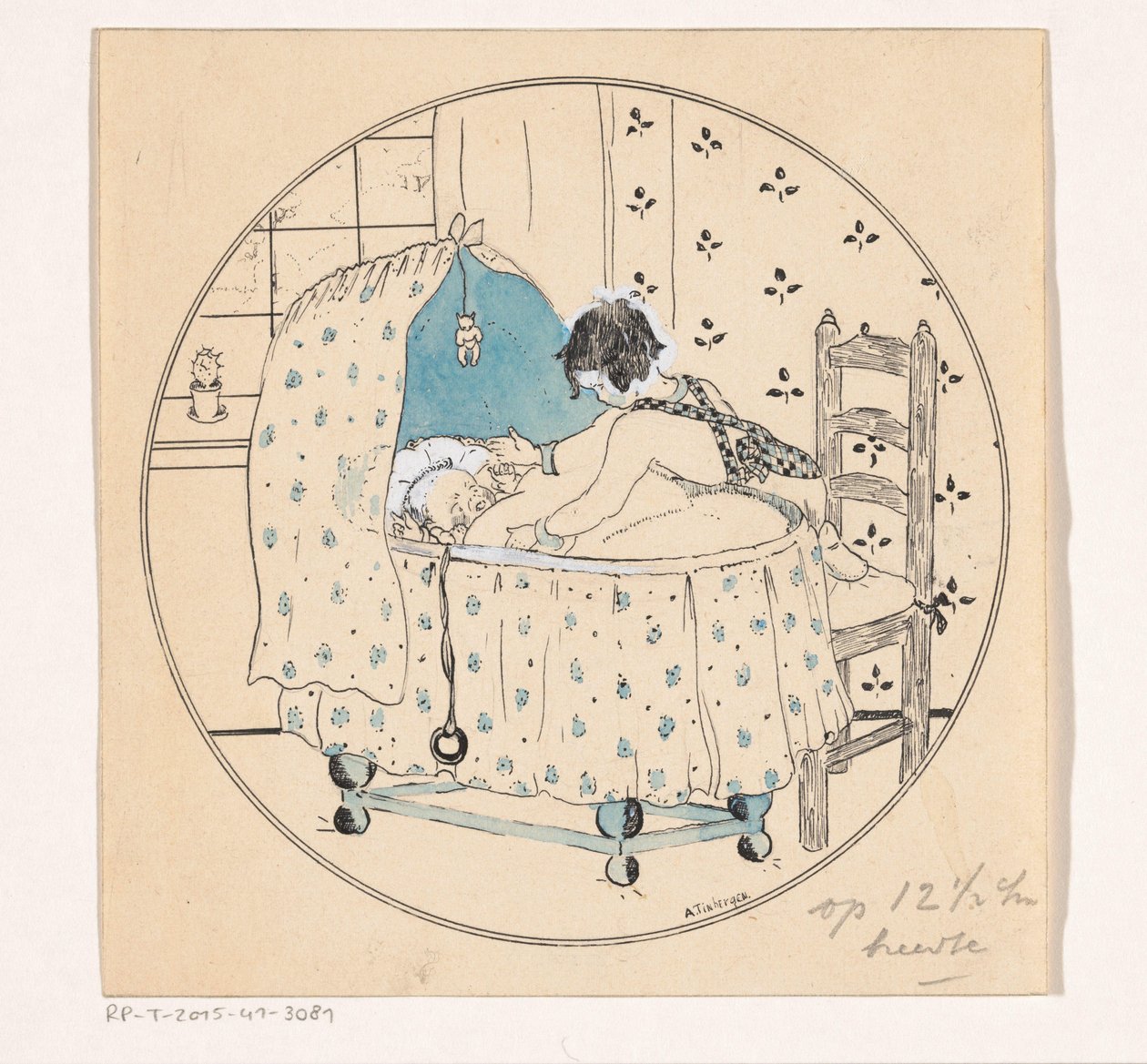 Dziewczyna chce wyciągnąć dziecko z łóżeczka autorstwa A. Tinbergen (signed by artist)