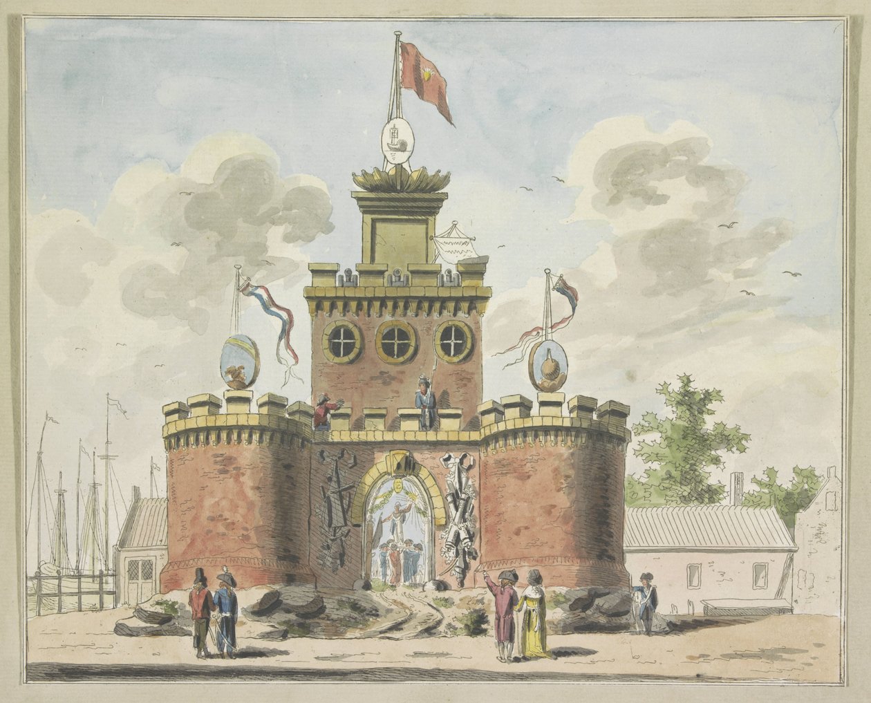 General Arms, dekoracja na Kadijksplein, 1795 Dziesięć tabliczek z dekoracjami na Alliantiefeest w Amsterdamie w 1795 roku (tytuł serii) autorstwa A. Verkerk