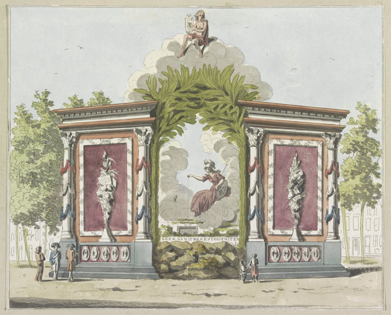Sztuka i Nauka, dekoracja na Noordermarkt, 1795 Dziesięć tabliczek z dekoracjami na Alliantiefeest w Amsterdamie w 1795 roku (tytuł serii) autorstwa A. Verkerk