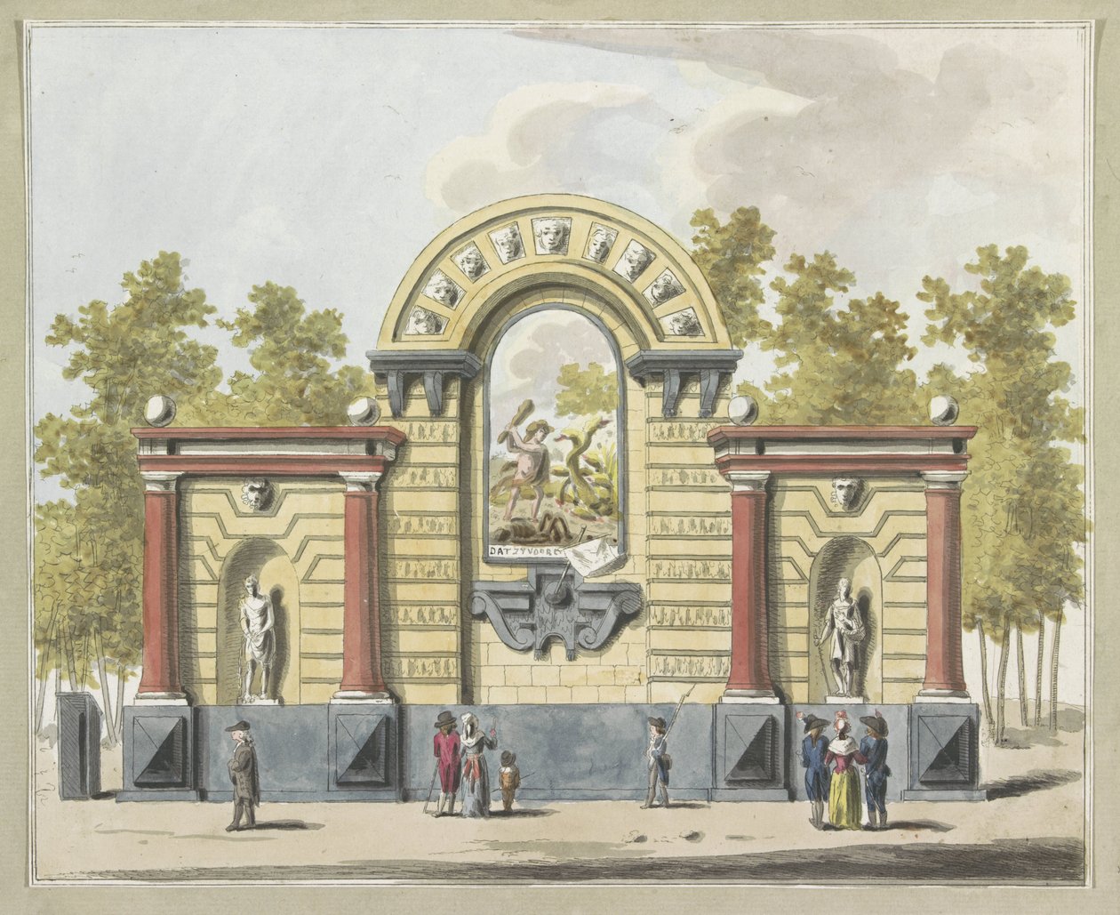 Zniszczenie arystokracji, dekoracja na Westermarkt, 1795 Dziesięć tabliczek z dekoracjami na Alliantiefeest w Amsterdamie w 1795 roku (tytuł serii) autorstwa A. Verkerk