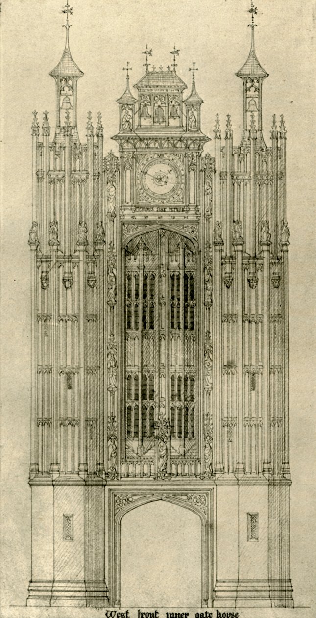Rysunek architektoniczny: brama zachodnia frontowa wewnętrzna, 1833-1834, 1906. autorstwa A. W. N. Pugin