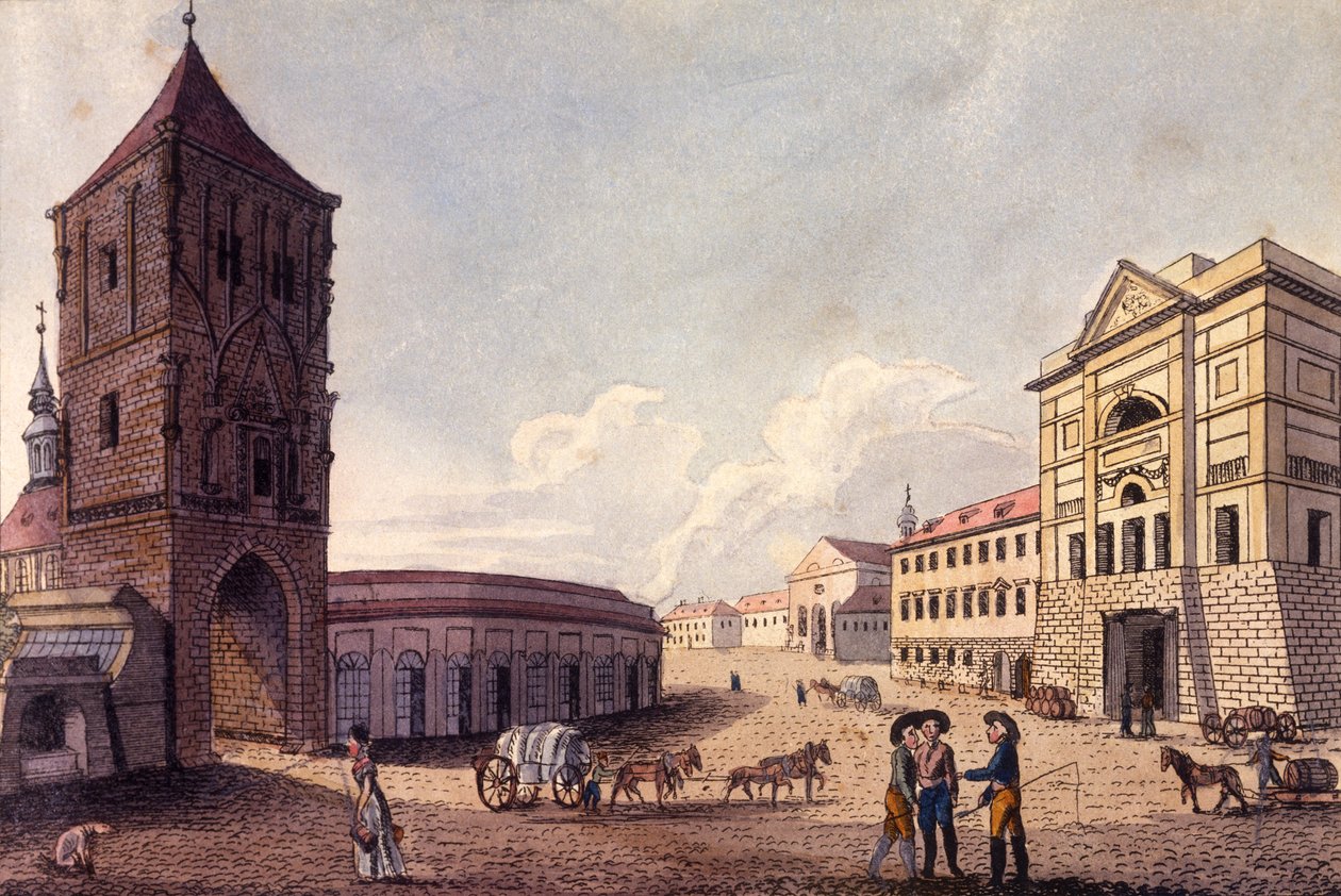 Brama Prochowa i Urząd Celny Hybern, Praga, ok. 1810 (kolorowa akwaforta) autorstwa A. and Berka, Johann Gustav