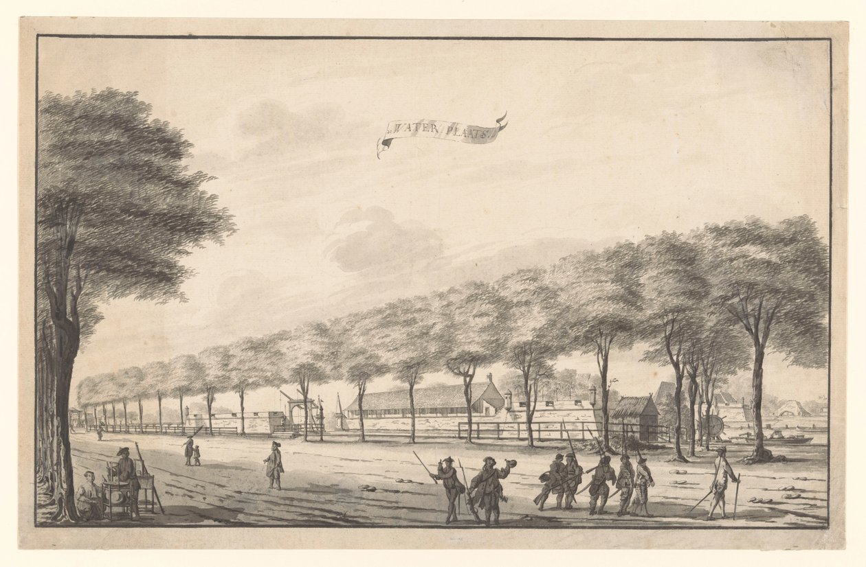 Widok na Fort de Waterplaats na Molenvliet w Batavia Waterhole (tytuł na obiekcie) autorstwa A. de Nelly (possibly)