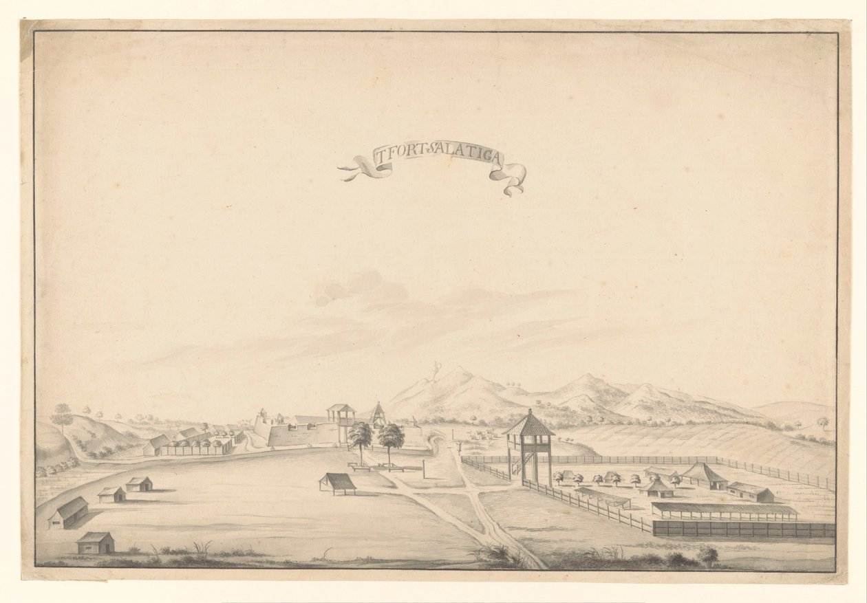 Widok na twierdzę Salatiga t Fort Salatiga (tytuł na obiekcie) autorstwa A. de Nelly (possibly)