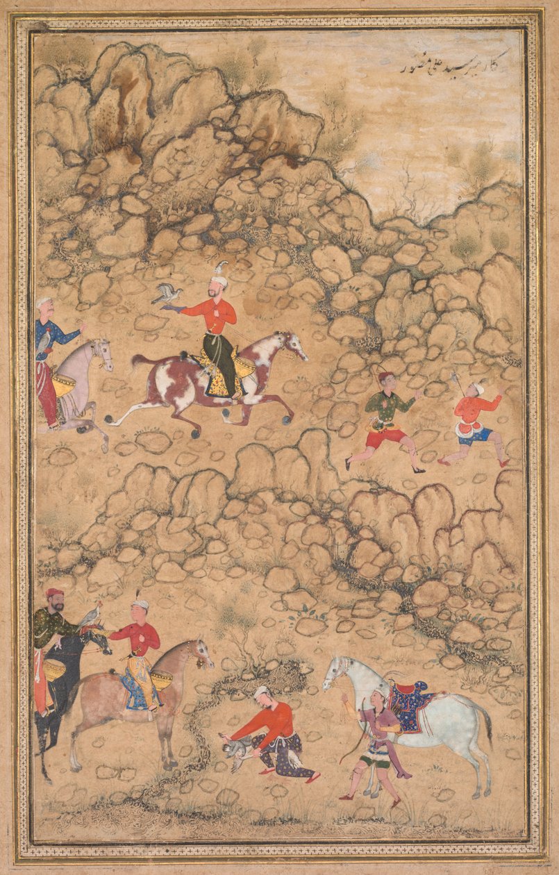 Polowanie z sokołami w pejzażu, ok. godz. 1558-1560, dodano granice prawdopodobnie XVIII wieku. autorstwa Abd al Samad