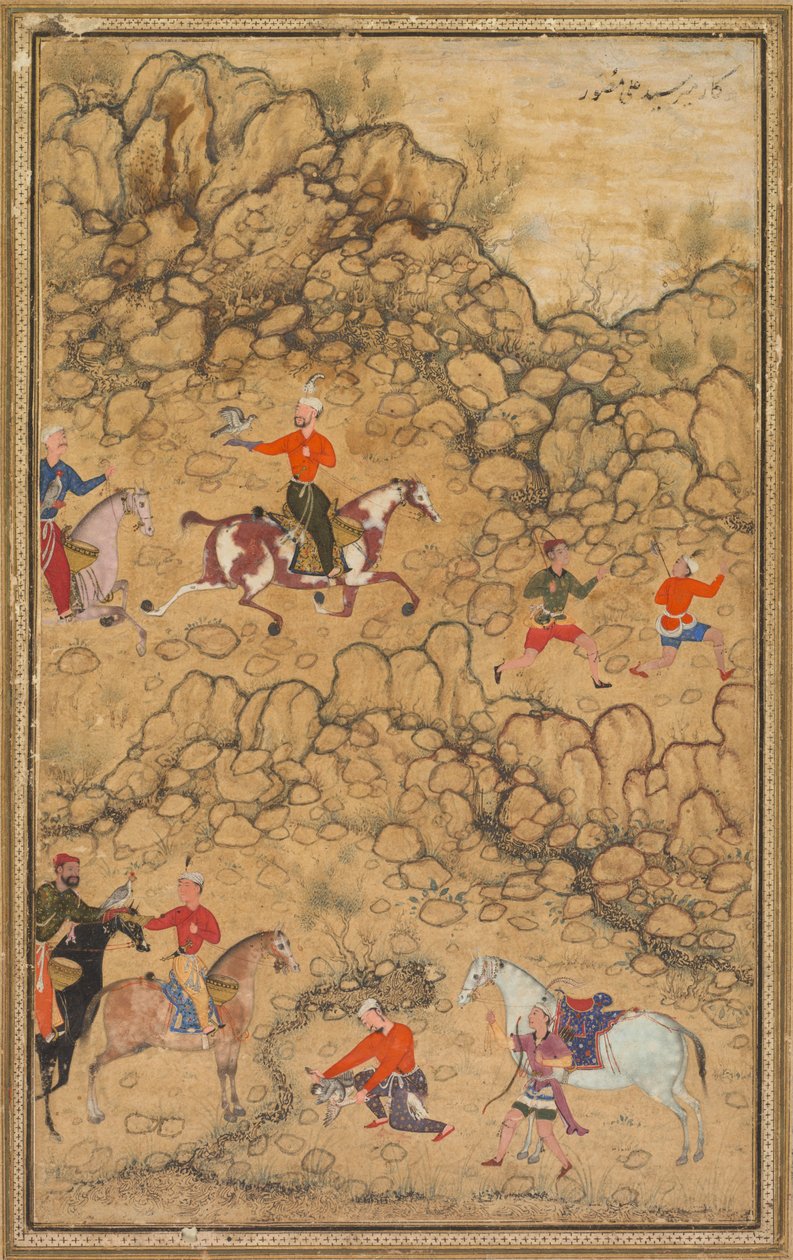 Polowanie z sokołami w pejzażu, Verso: Kaligrafia poematów tureckich Chaghatai..., c. 1558-60. autorstwa Abd al Samad