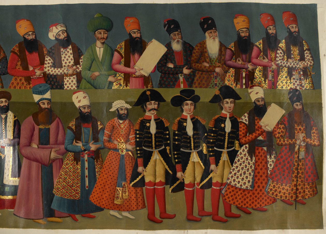 Dodaj lub. 1241 Dwór Fath Ali Shah z brytyjskimi wysłannikami sir Johnem Malcolmem, sir Harfordem Jonesem Brydgesem i sir Gorem Ouseleyem. Częściowy obraz muralu pałacu Nigaristan autorstwa Abdallah (after) Khan