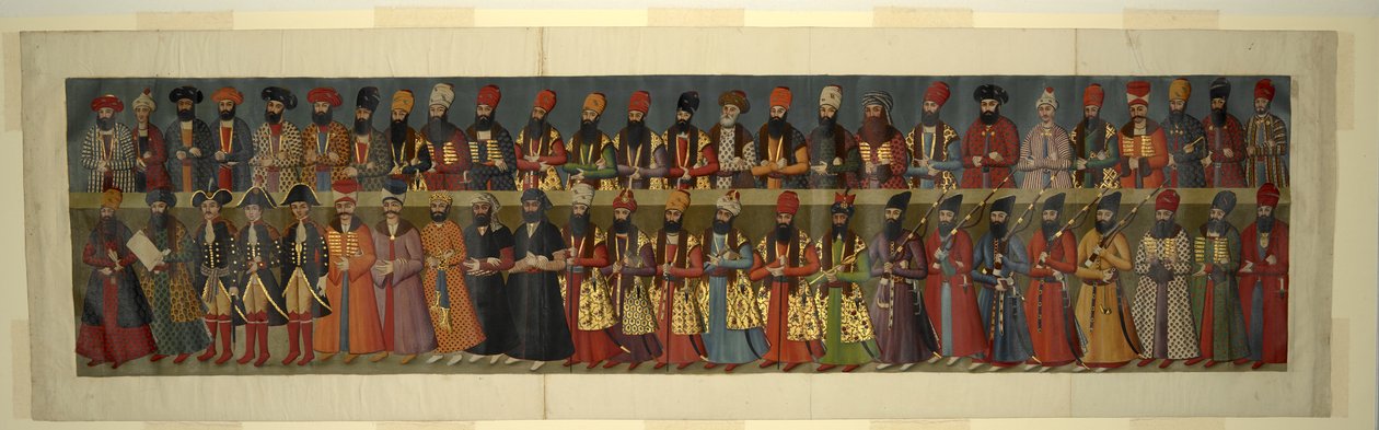 Lub. 1242 Kopia Wielkiego Muralu w Pałacu Nigaristan. Court of Fath Ali Shah z brytyjskimi wysłannikami Sir Johnem Malcolmem, Sir Harfordem Jonesem Brydgesem i Sir Gorem Ouseleyem autorstwa Abdallah (after) Khan