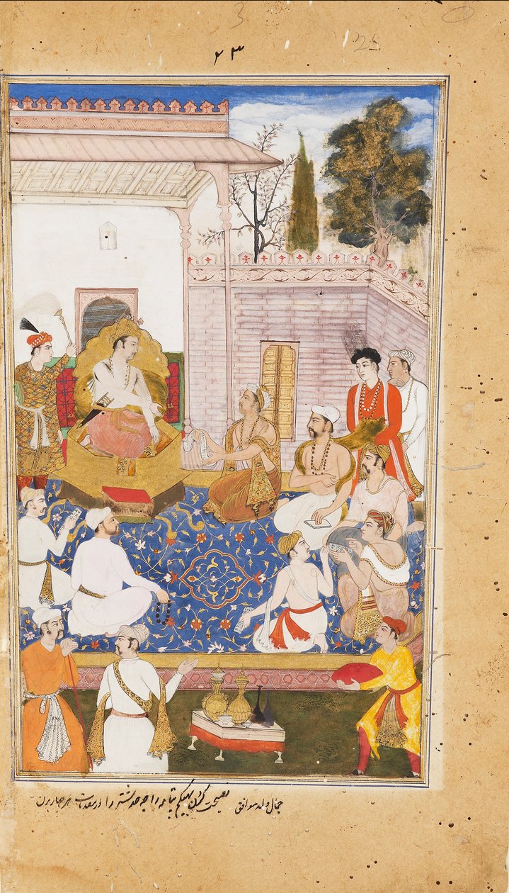 Bhiszma doradza Judhiszthirze co do natury czterech varn, czyli kast, 1598 autorstwa Abdul Rahim Khan I Khana