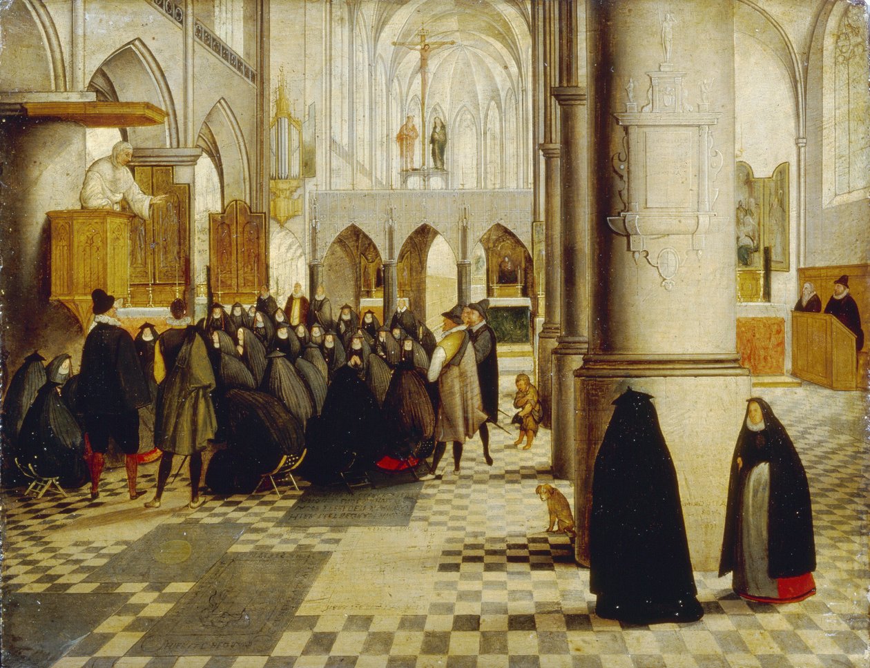 Usługi kościelne. Obraz Abla Grimmera (1570-1619), olej na drewnie autorstwa Abel Grimmer or Grimer
