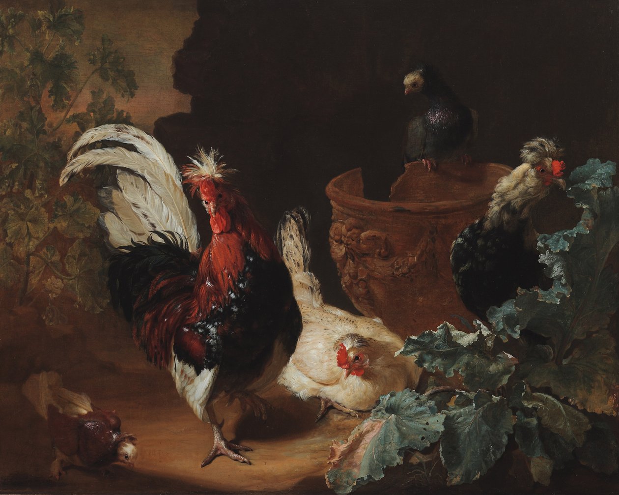 Kogut, dwa kurczaki i dwa gołębie przy zabytkowym, wyszczerbionym wazonie z terakoty w krajobrazie, 1695 autorstwa Abraham Bisschop