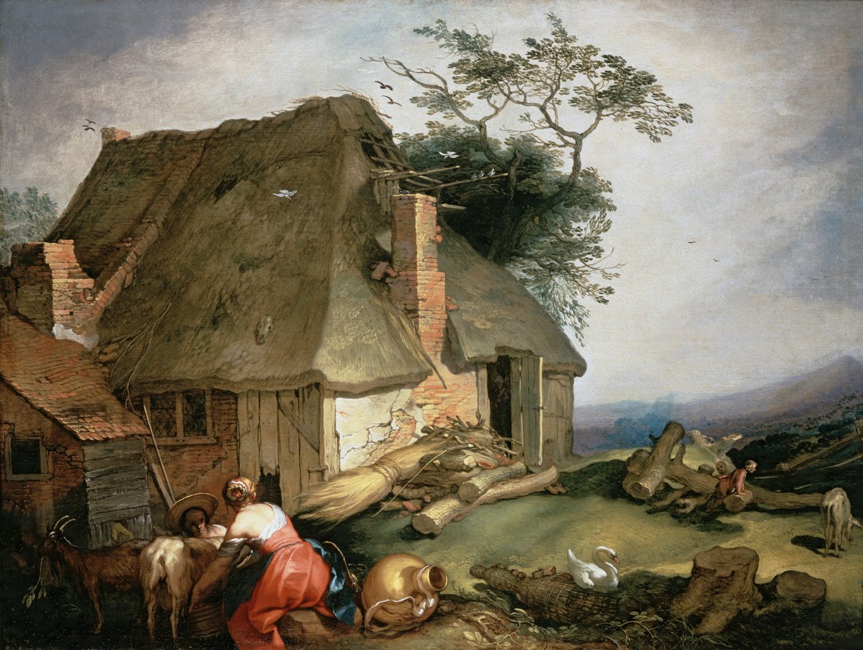 Chata z chłopami dojącymi kozy autorstwa Abraham Bloemaert