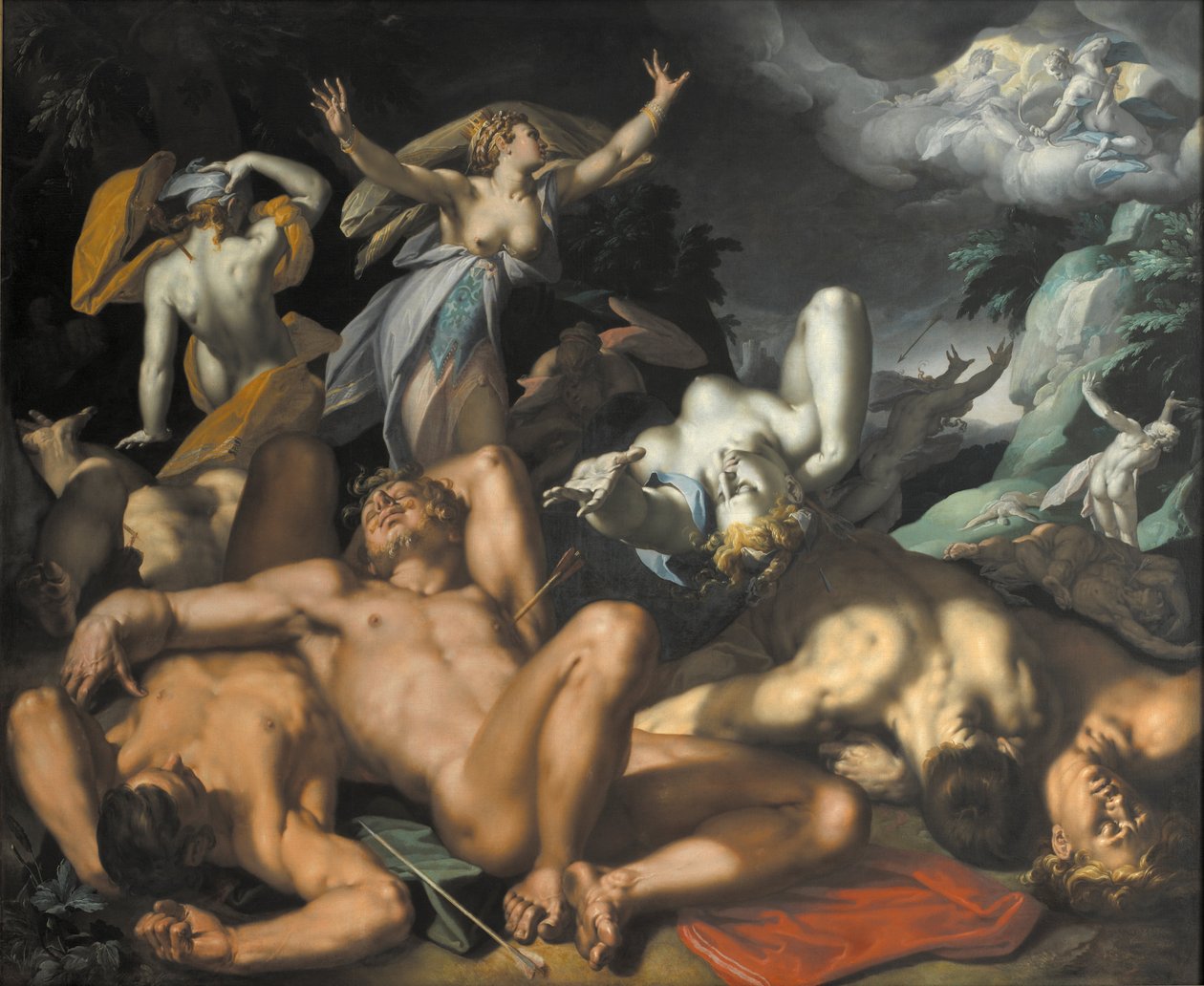 Apollo i Diana karzą Niobe, zabijając jej dzieci autorstwa Abraham Bloemaert