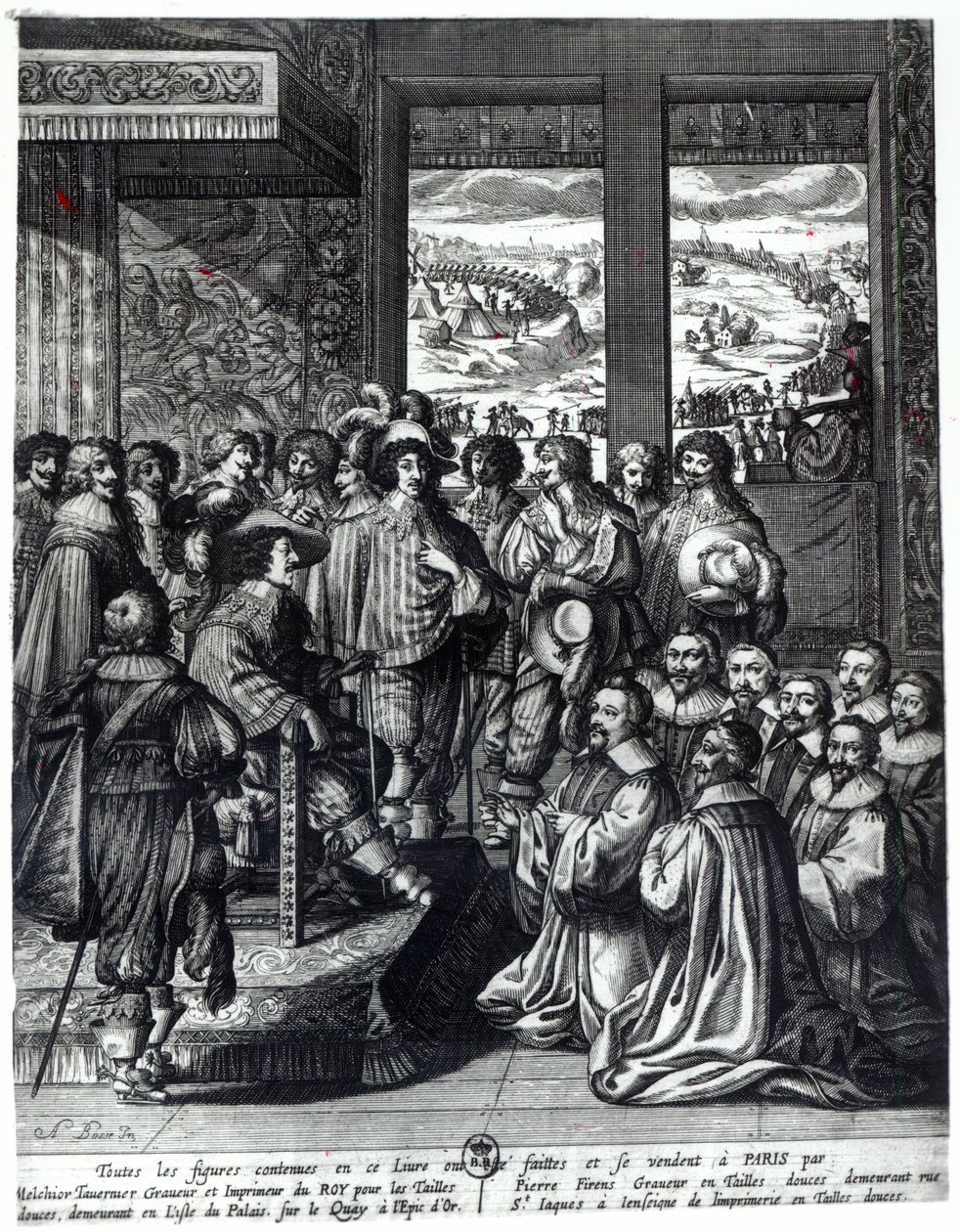 Ludwik XIII (1601-43) wraca z oblężenia La Rochelle, pogratulowany przez Prevot des Marchands autorstwa Abraham Bosse