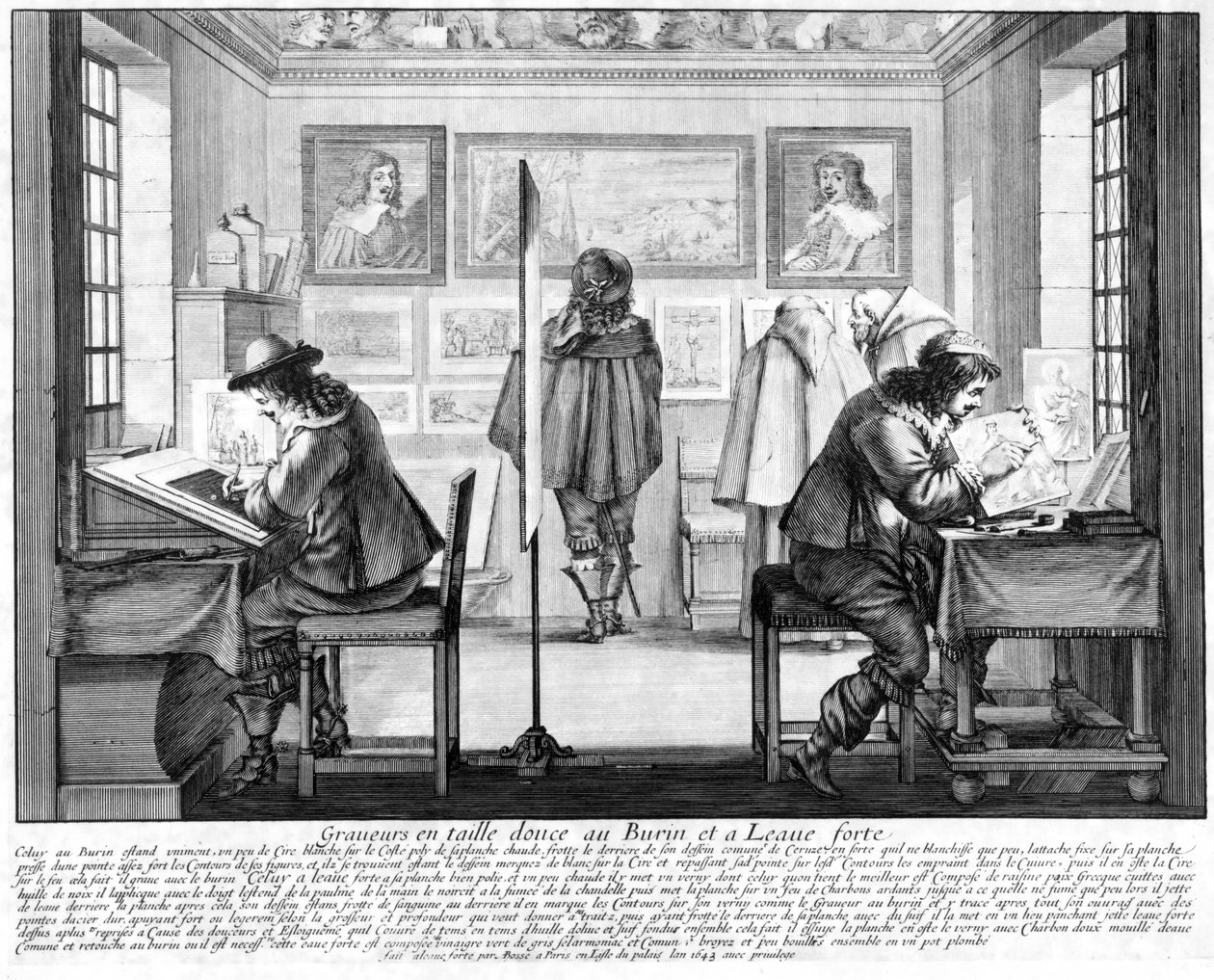 Grawerzy płytowi pracujący z galerią z tyłu, 1643 autorstwa Abraham Bosse