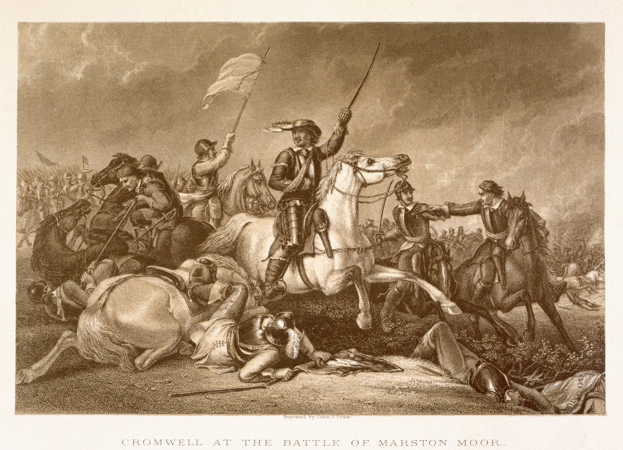 Cromwell prowadzący szarżę po tym, jak został ranny w prawą rękę w bitwie pod Marston Moor, 2 lipca 1644, grawerowane przez Johna Crew autorstwa Abraham Cooper
