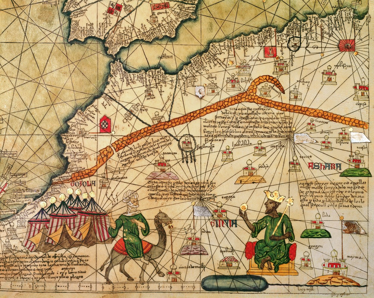 Fragment kopii katalońskiej mapy Europy i Afryki Północnej, podarowanej Karolowi V Francji w 1381 r. autorstwa Abraham Cresques