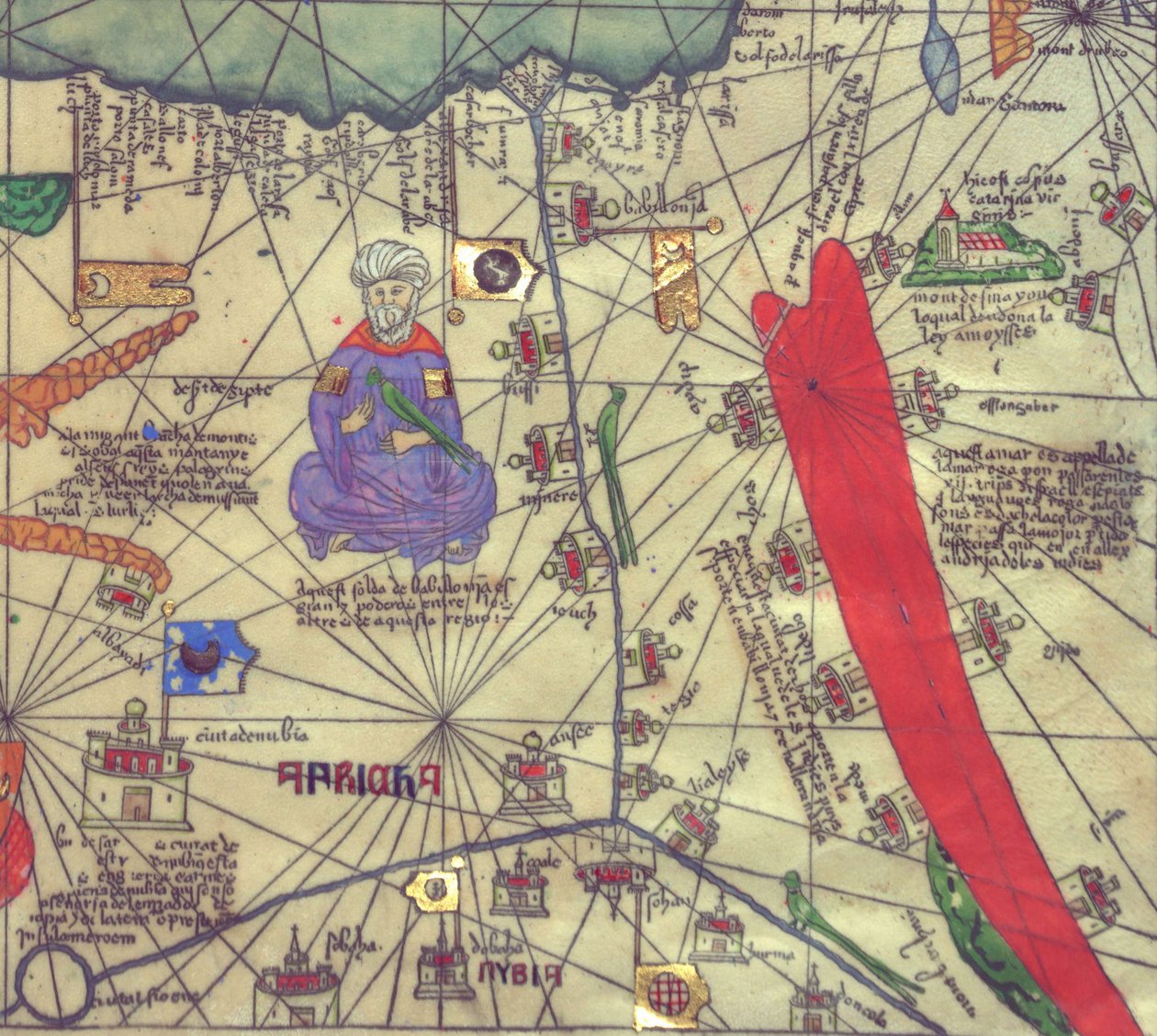 Mapa północno-wschodniej Afryki i południowo-zachodniego Lewantu, widok od południa. Atlas kataloński. autorstwa Abraham Cresques
