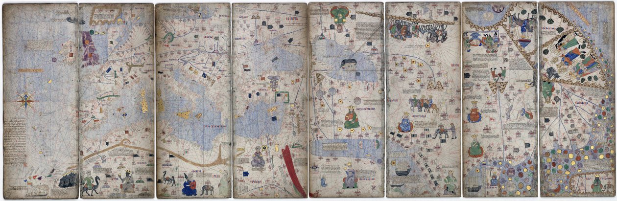 Montaż 8 stron z katalońskiego Atlasu Cresques; znany wówczas świat autorstwa Abraham Cresques