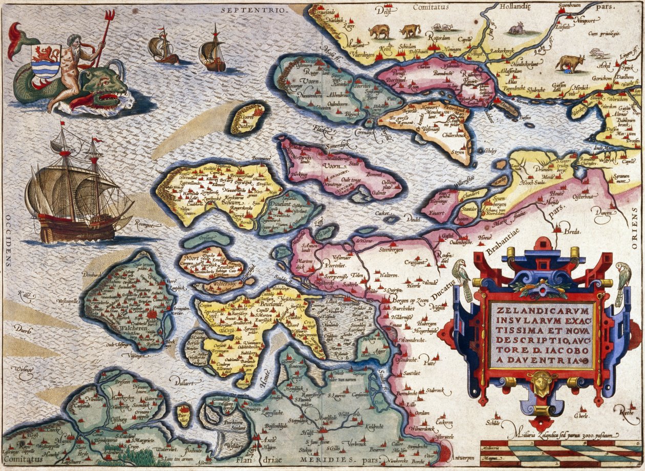 Mapa Zelandii, ok. 1560 (ręcznie kolorowane grawerowanie) autorstwa Abraham Ortelius