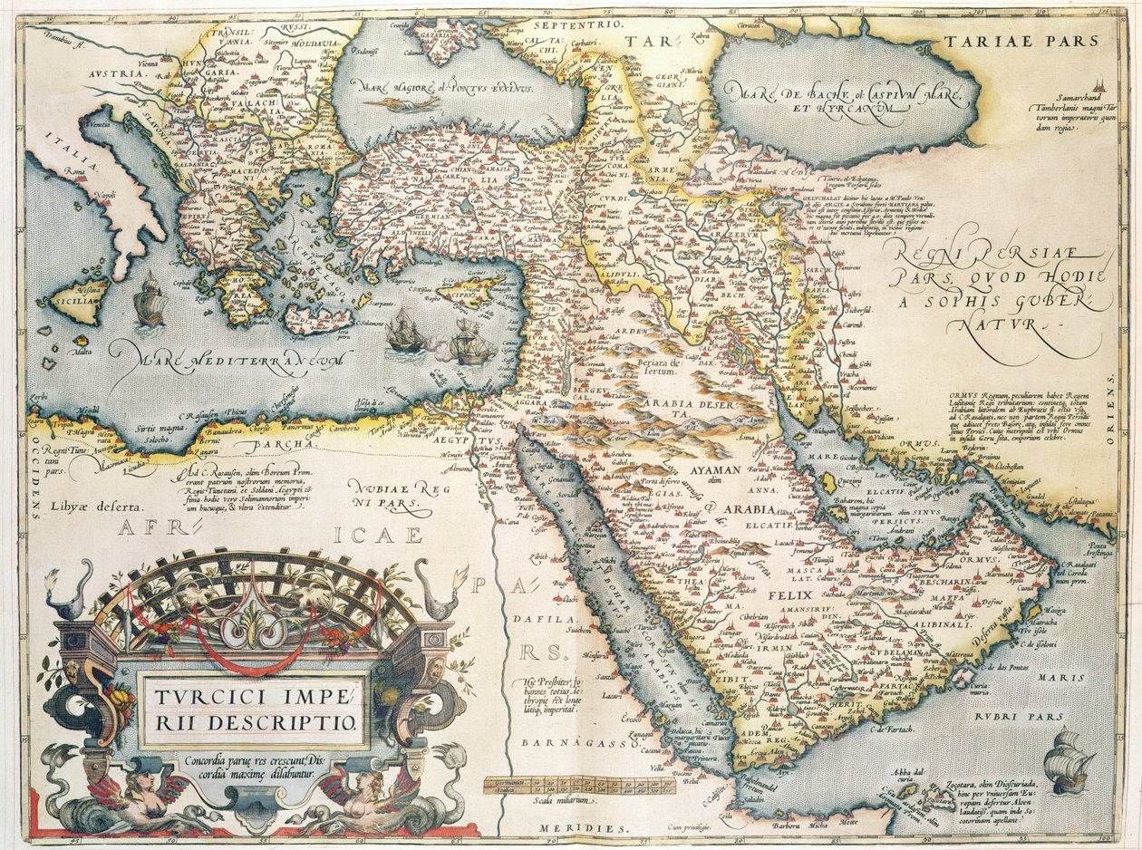 Mapa Bliskiego Wschodu z Theatrum Orbis Terrarum, 1570 (ręcznie barwiony grawerunek) autorstwa Abraham Ortelius