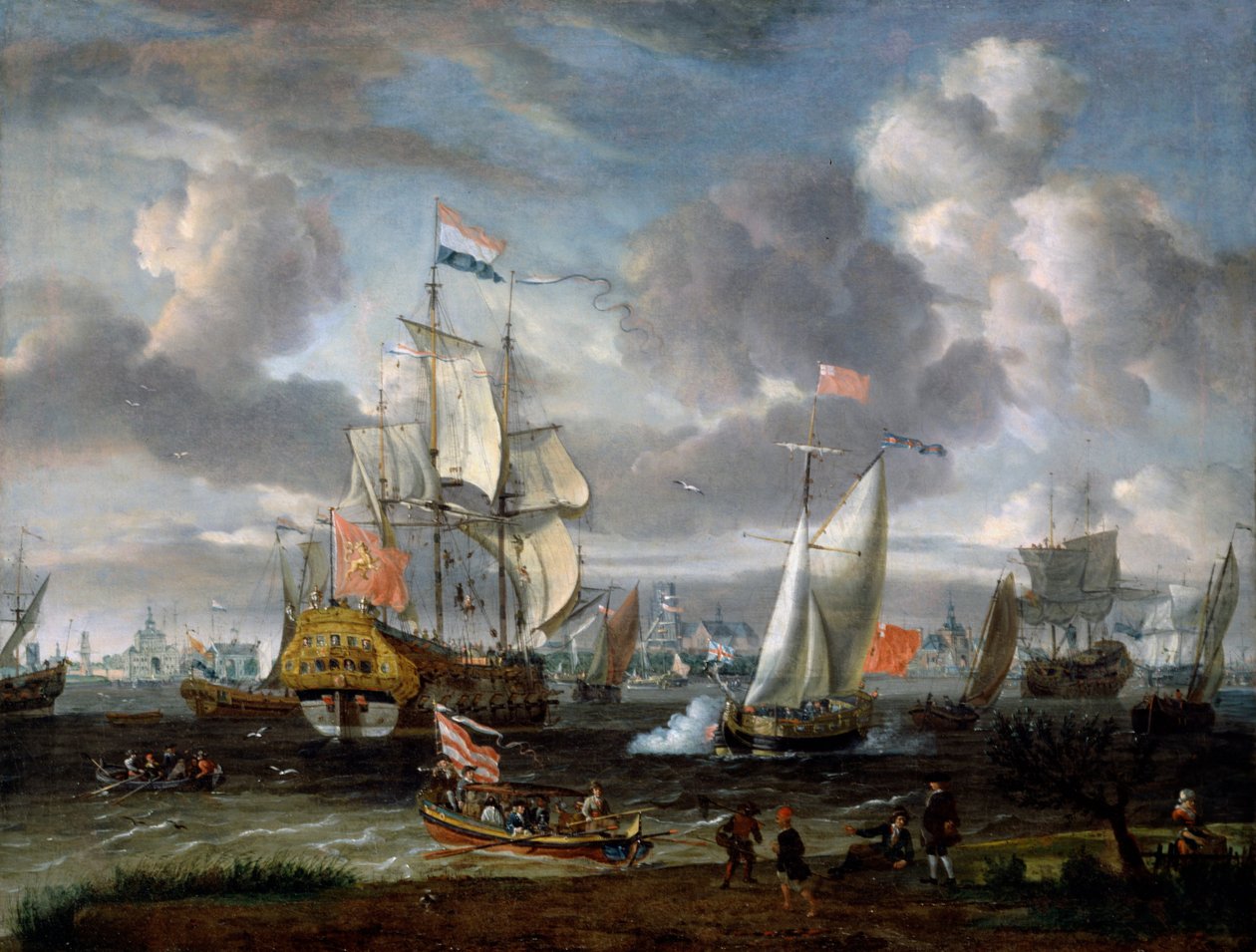 Angielski jacht pozdrawiający holenderskiego żołnierza w porcie w Rotterdamie autorstwa Abraham Storck