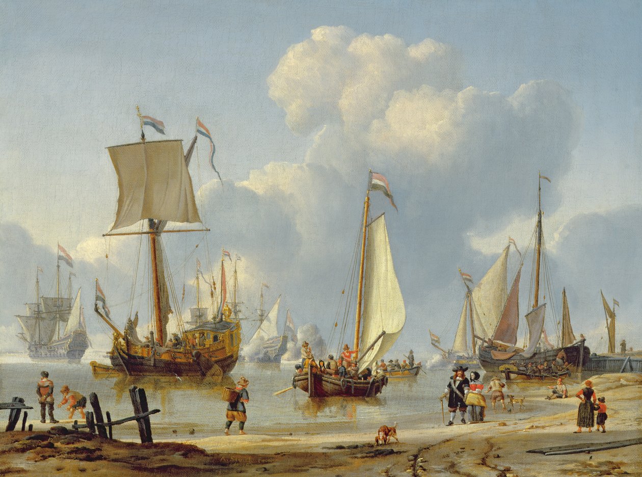 Statki w spokojnej wodzie z figurami nad brzegiem autorstwa Abraham Storck