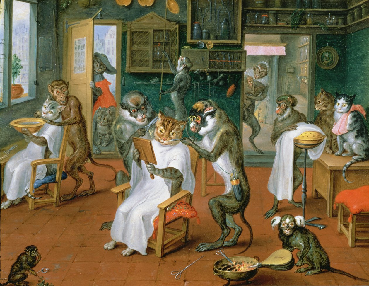 Salon fryzjerski z małpami i kotami (olej na miedzi) autorstwa Abraham Teniers