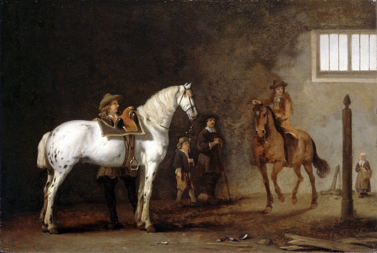 Biały koń w szkole jeździeckiej autorstwa Abraham van Calraet