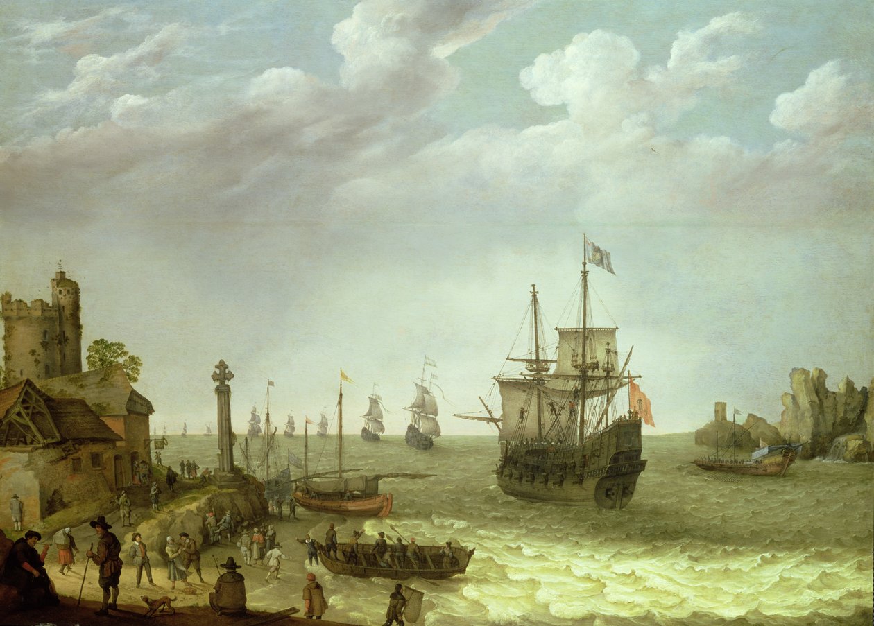 Osada na skalistym wybrzeżu, zbliżająca się flota holenderska, 1640 autorstwa Abraham Willaerts