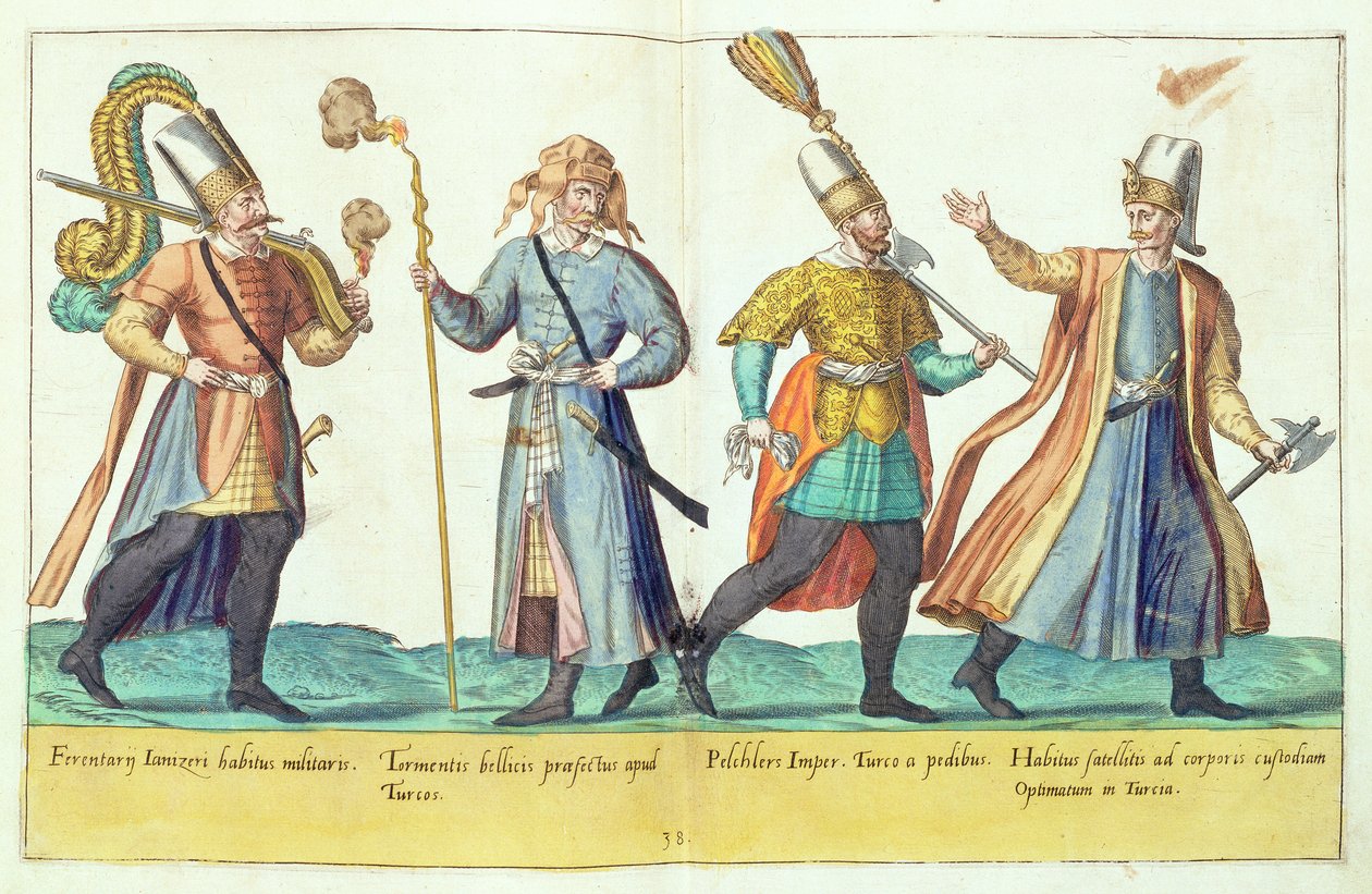 Stroje z XVI wieku z „Omnium Poene Gentium Imagines”, wydanego w Kolonii, 1577 (rycina ręcznie kolorowana) autorstwa Abraham de Bruyn
