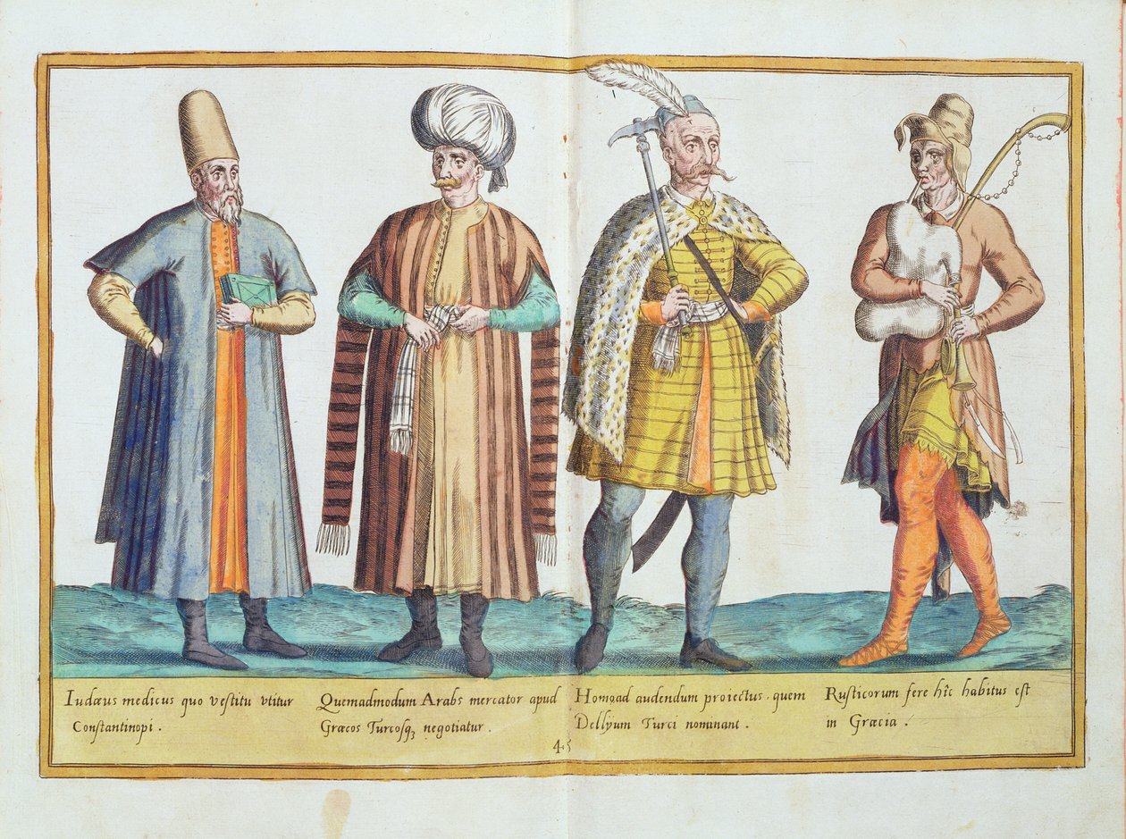 Stroje z XVI wieku z „Omnium Poene Gentium Imagines”, wydanego w Kolonii, 1577 (rycina ręcznie kolorowana) autorstwa Abraham de Bruyn