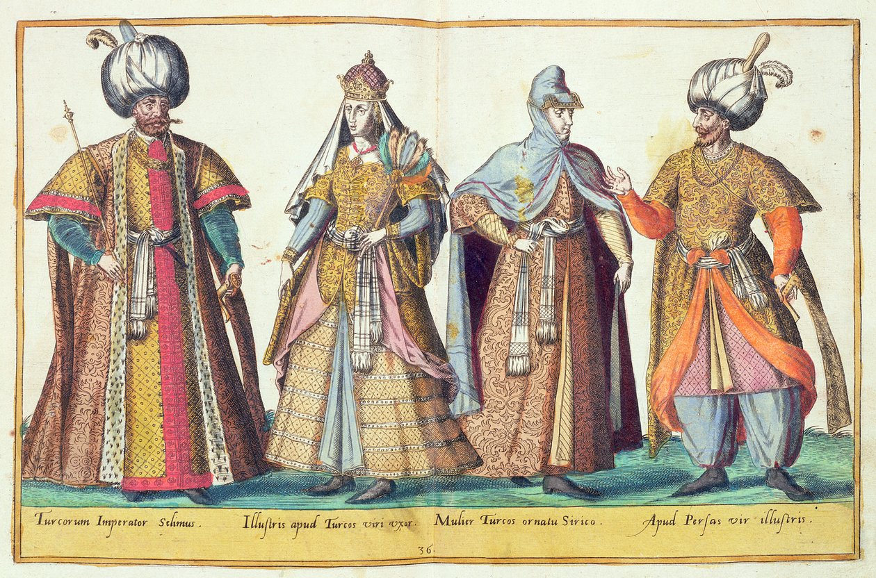 Stroje z XVI wieku z „Omnium Poene Gentium Imagines”, wydanego w Kolonii, 1577 (rycina ręcznie kolorowana) autorstwa Abraham de Bruyn
