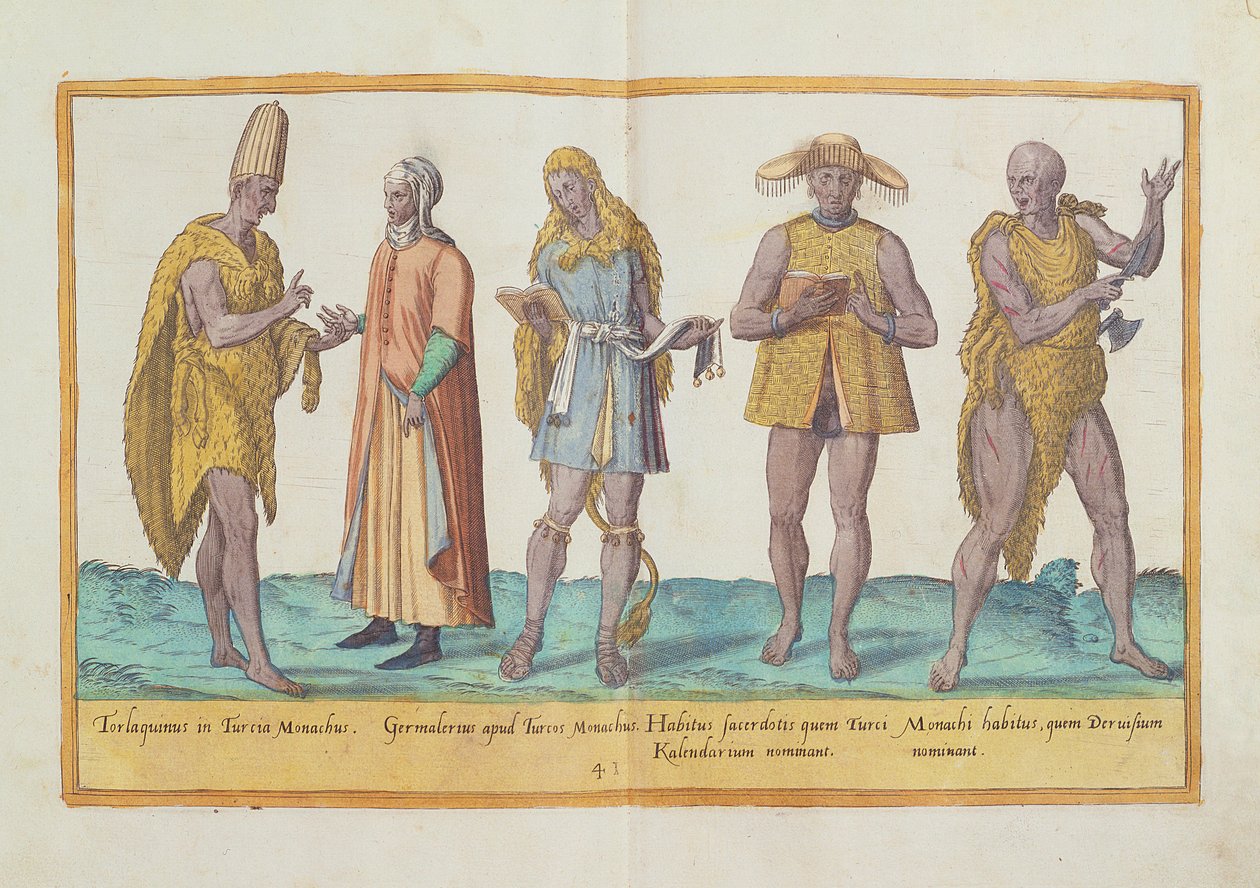 Stroje z XVI wieku z „Omnium Poene Gentium Imagines”, wydanego w Kolonii, 1577 (rycina ręcznie kolorowana) autorstwa Abraham de Bruyn