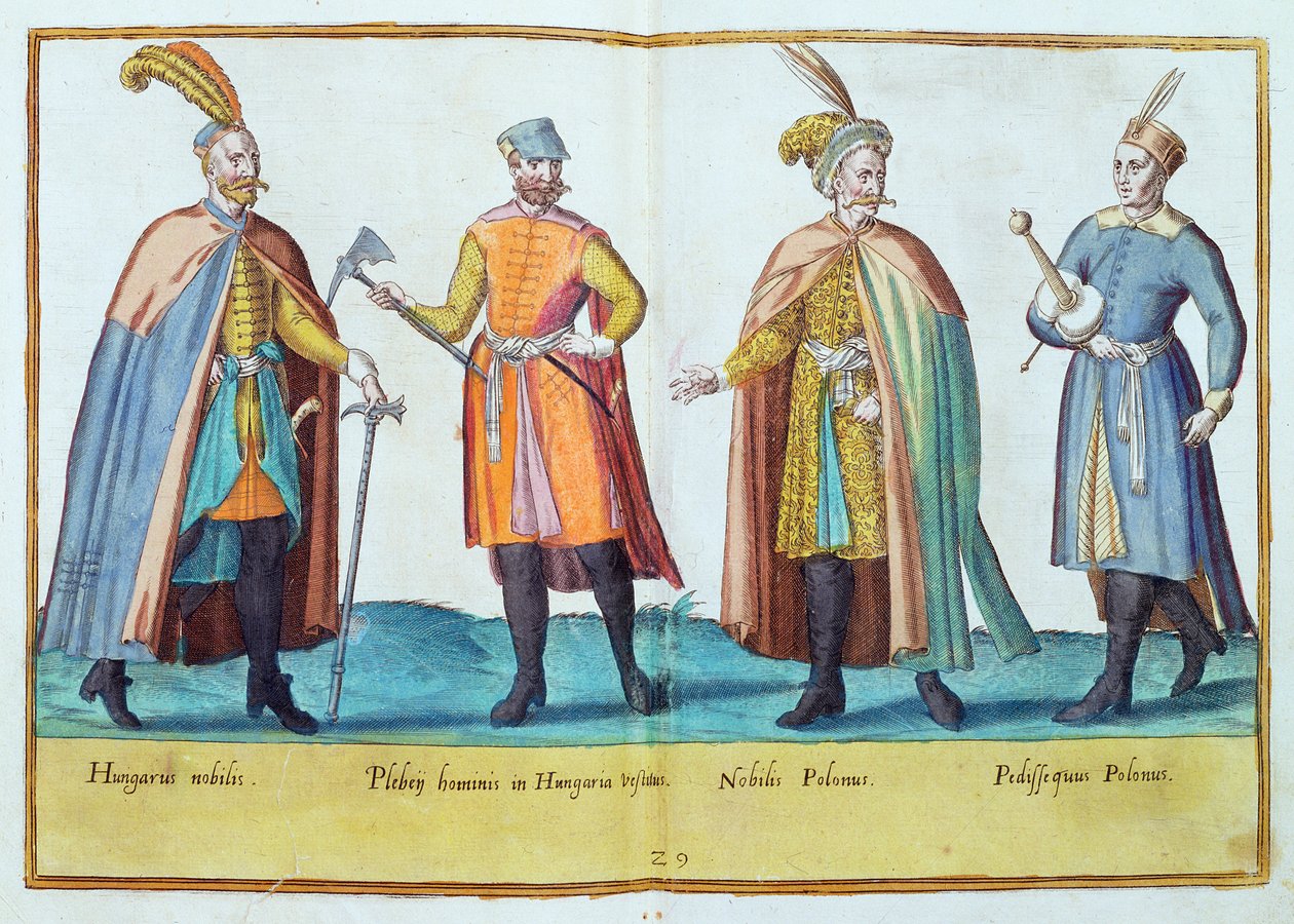 Stroje z XVI wieku z „Omnium Poene Gentium Imagines”, wydanego w Kolonii, 1577 (rycina ręcznie kolorowana) autorstwa Abraham de Bruyn