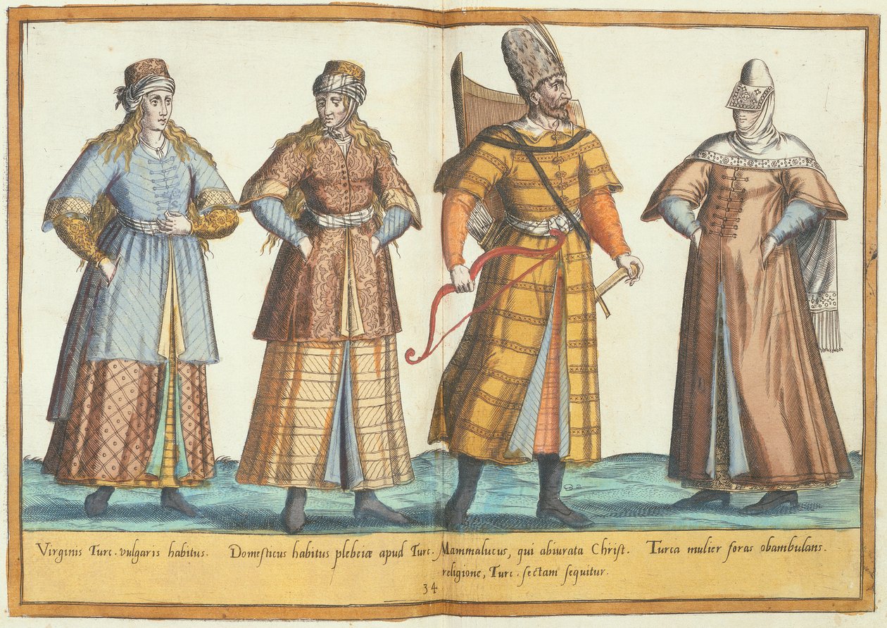 Szesnastowieczne kostiumy z "Omnium Poene Gentium Imagines", wydanego w Kolonii, 1577 (rycina ręcznie kolorowana) autorstwa Abraham de Bruyn