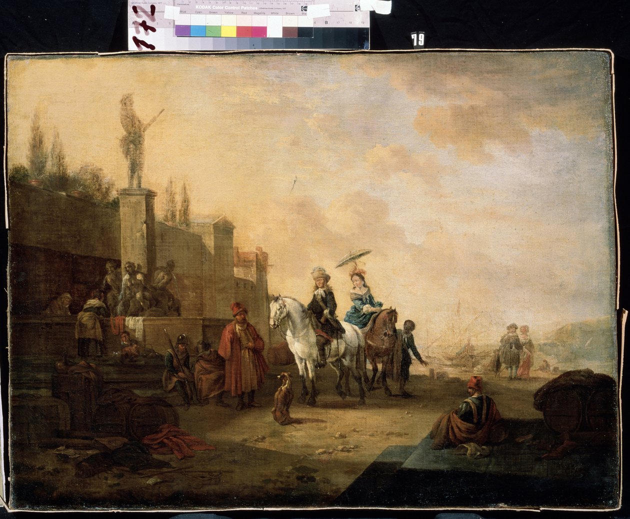 ""Podróżnicy na koniach"" (Jeźdźcy) Rodzina na wycieczce samochodowej w krajobrazie Bliskiego Wschodu. Obraz Abrahama Begeyna (1637-1697) XVII-wieczne Muzeum Sztuki Michaiła Kroszyckiego, Sewastopol (Sewastopol) Ukraina autorstwa Abraham Jansz Begeyn